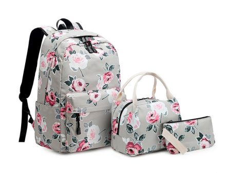 3Pcs Waterproof School Bags Flower Printing Student Backpack Bento Box Bag Clutch Bag Set Fashion